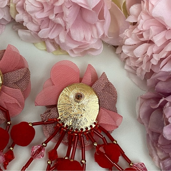 Boho Pink Rose Long Dangling Pom Pom Tassel Earrings - Picture 12 of 16